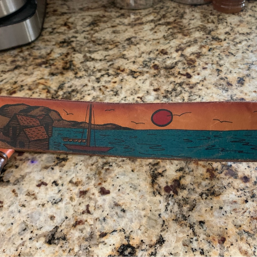 Rare stained/painted Leather belt with American Watch belt buckle Unisex vintage